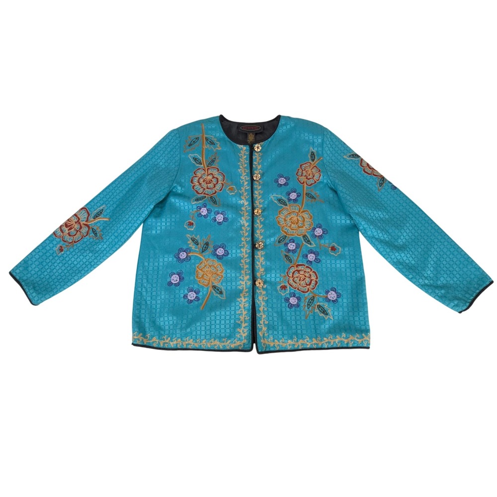 Entice Embroidered Jacket 1X Turquoise Blue Floral Art to Wear Cotton Rayon - Picture 10 of 10